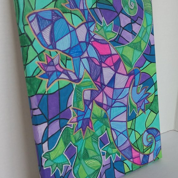 Abstract Style Painting Of Two Purple & Green Geckos Hand Painted 14x11 Canvas - Picture 10 of 16